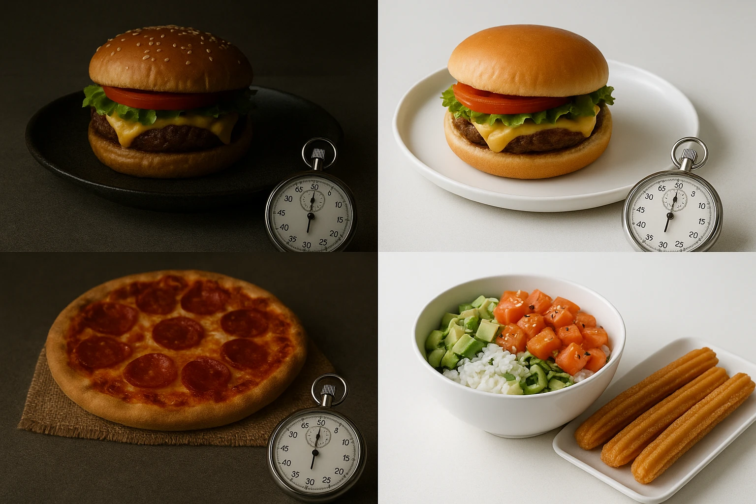 Side-by-side grid showing original iPhone photos vs Yummify-styled images for burger, pizza, poke bowl, and churros with a stopwatch on the table.