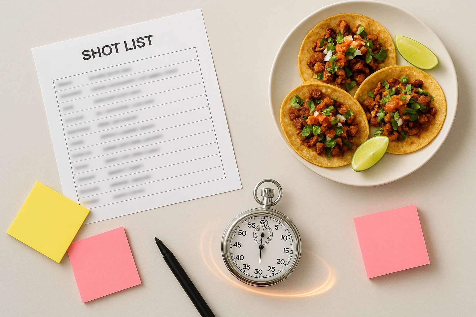 Flat lay of a production board: printed shot list, plated tacos, and an analog stopwatch, suggesting a fast AI photo workflow timeline.