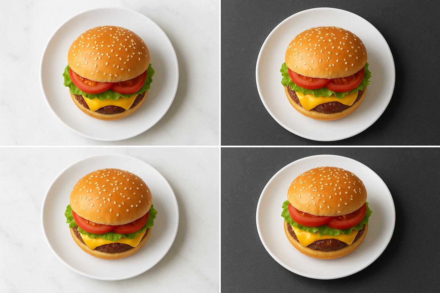 Burger image A/B test grid showing angle and background variations with consistent styling