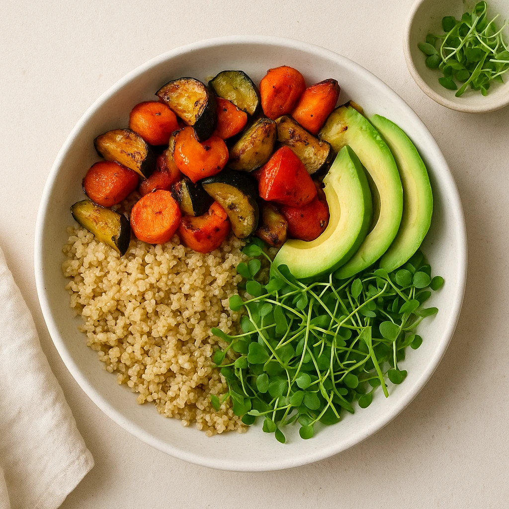 Flat lay food photography showing a colorful grain bowl with arranged ingredients