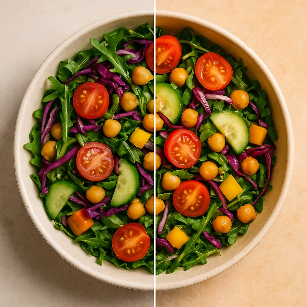 Before and after food photography editing comparison showing improved aesthetics