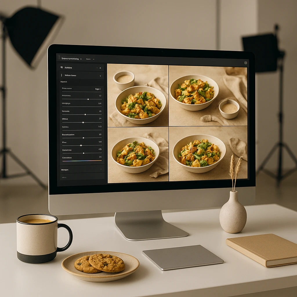 AI-powered food photography editing interface showing batch processing and consistency
