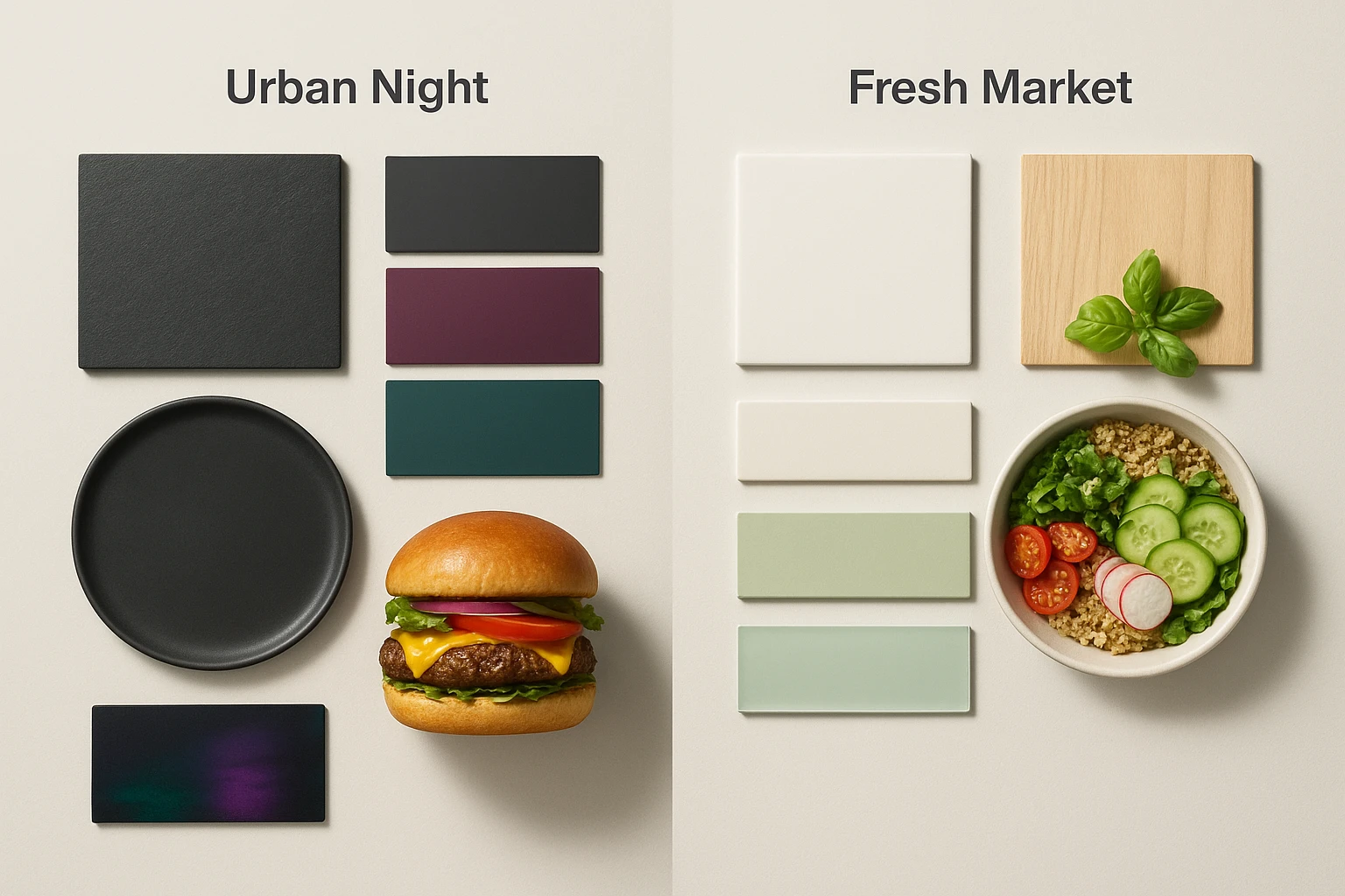 Moodboard of two branded environments for a virtual brand