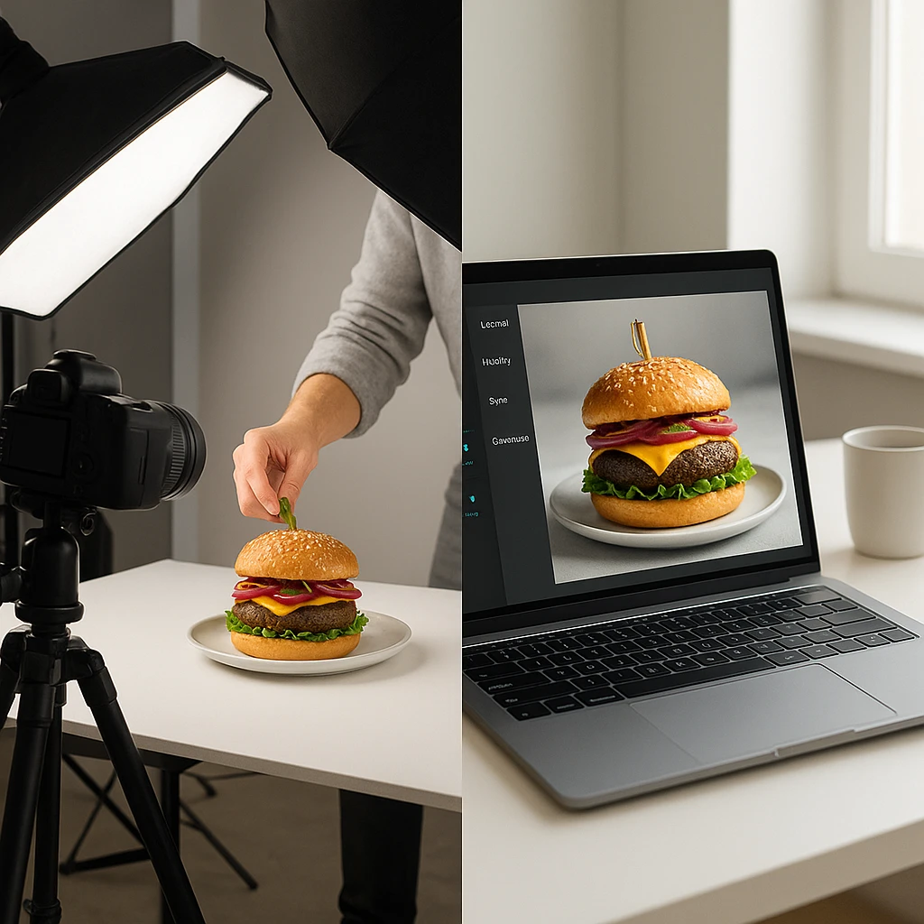 Split view showing old-school restaurant menu photoshoot setup with lighting gear on one side and modern AI food photo workflow on laptop on the other