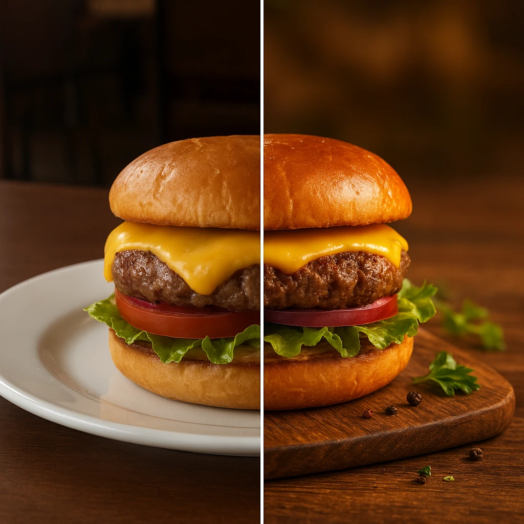 Before-and-after view showing a basic smartphone food photo turned into a pro-styled restaurant marketing image using AI boost