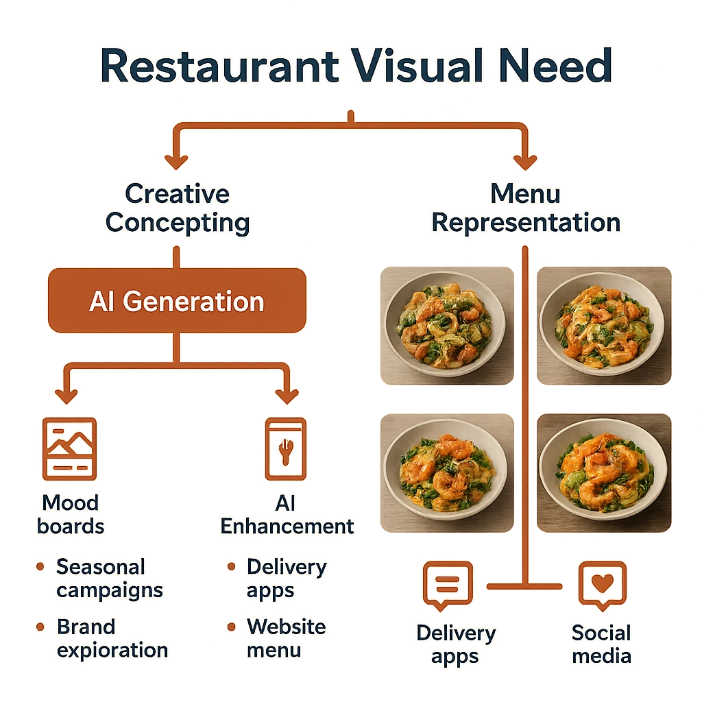Chart showing when to use AI making vs AI boost for different restaurant marketing cases