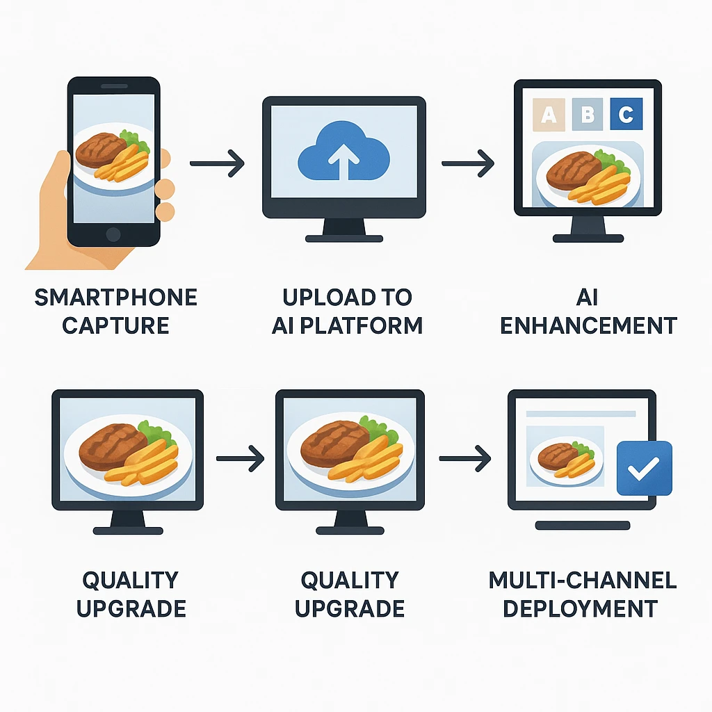 Workflow chart showing the restaurant AI photo process from photo capture through boost to deploy across marketing channels
