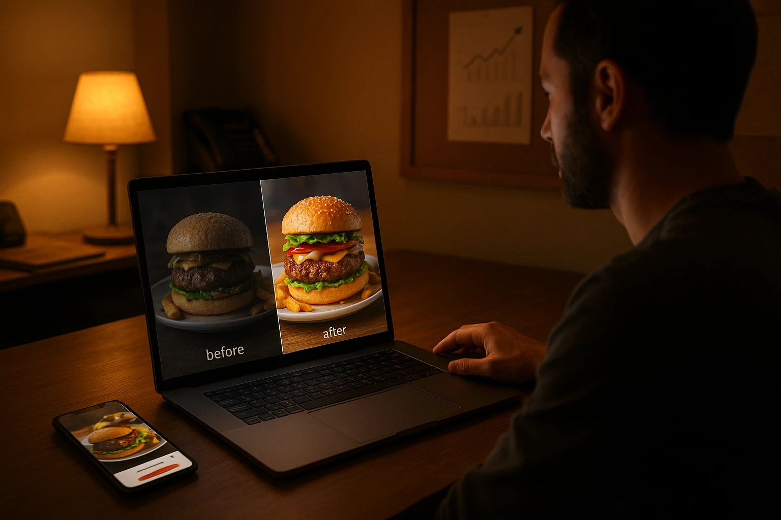 Small restaurant owner comparing dull old menu photos to vibrant AI-enhanced food photos on a laptop and phone