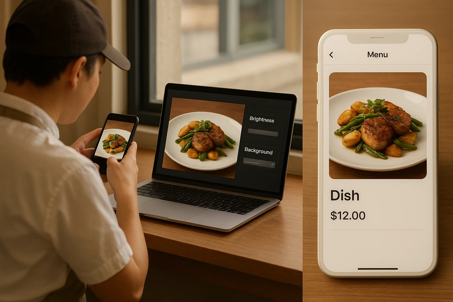Step-by-step smartphone to AI food photo workflow illustrated with a chef taking a photo and a screen showing AI enhancements