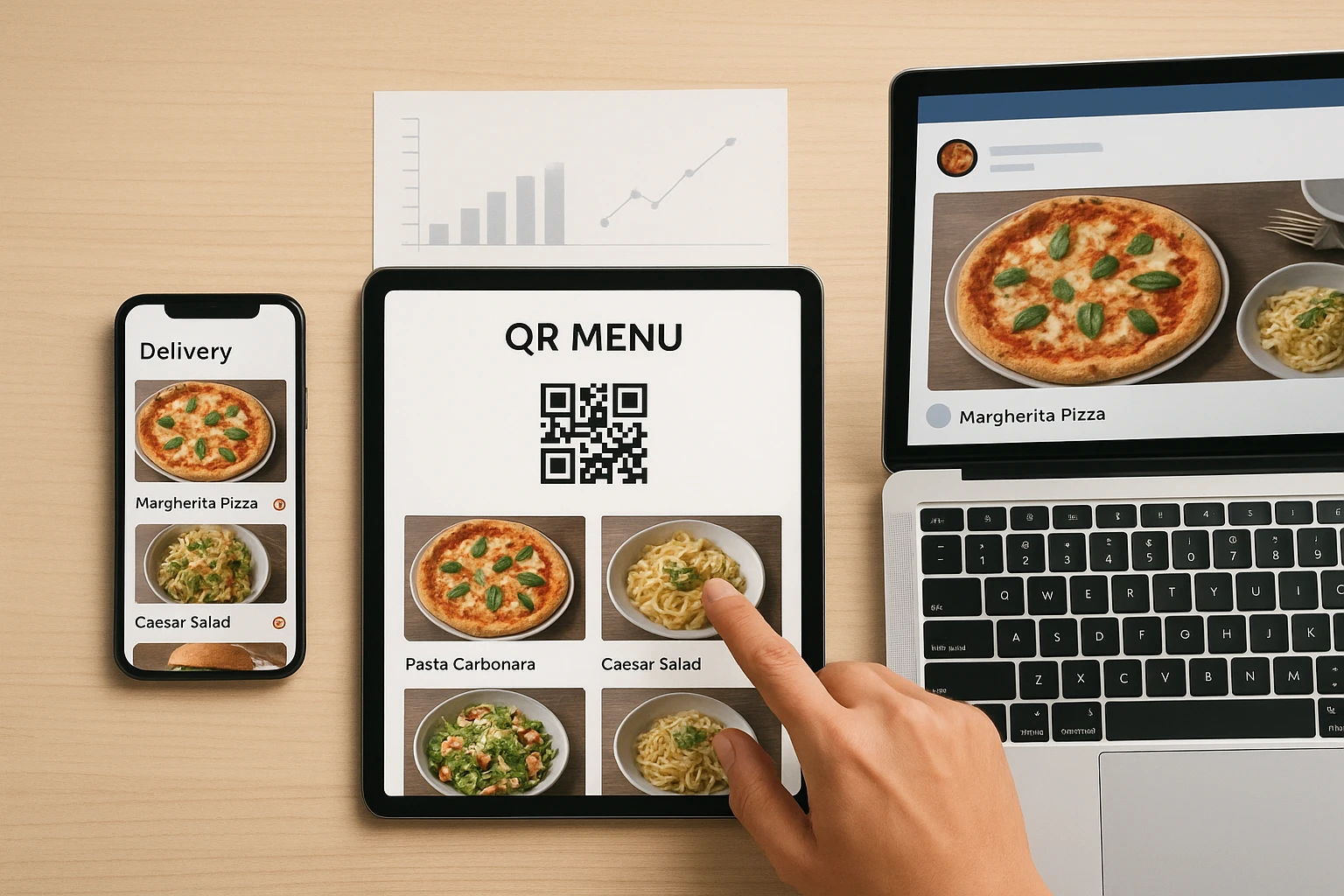 AI-enhanced food images displayed across delivery apps, QR menus, and social media on different devices