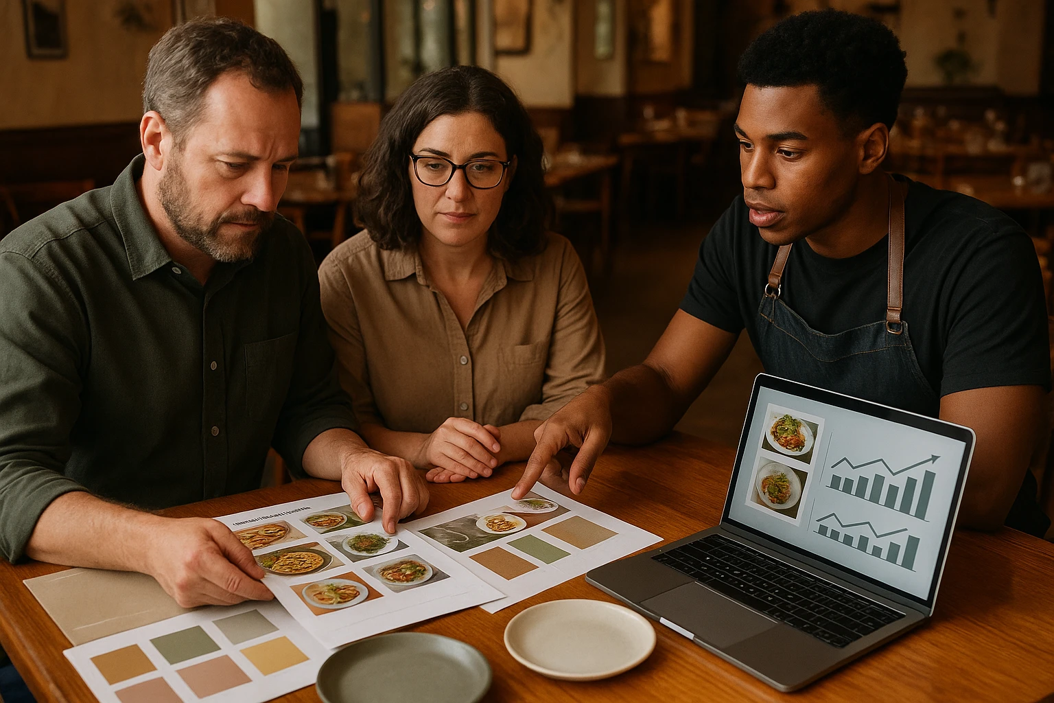 Restaurant team collaborating on a repeatable AI food photography system with a style guide and performance charts