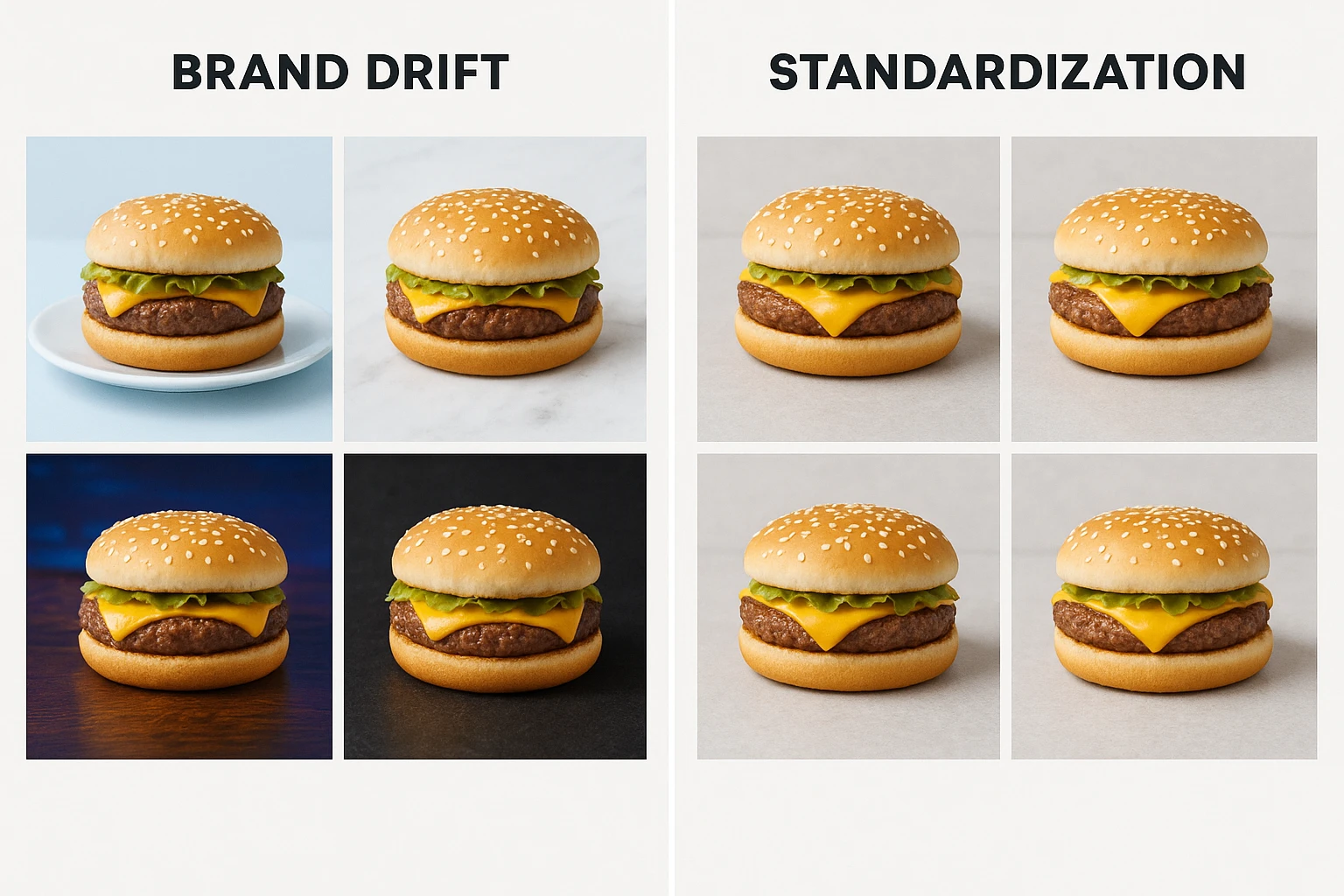 Brand consistency risk illustrated with the same burger shown in mismatched tones vs a standardized look