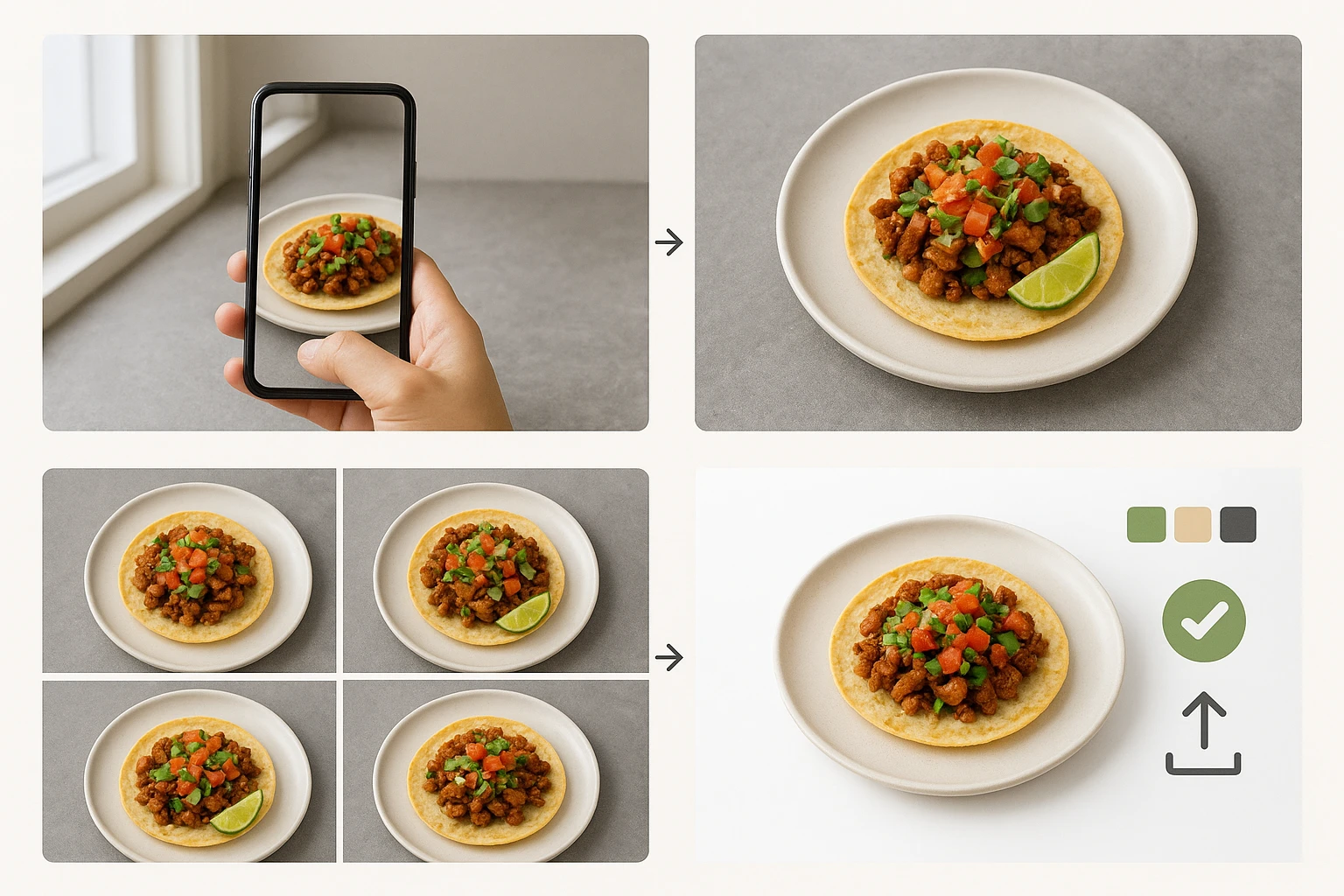 Template-driven food photo generation workflow from capture to QA