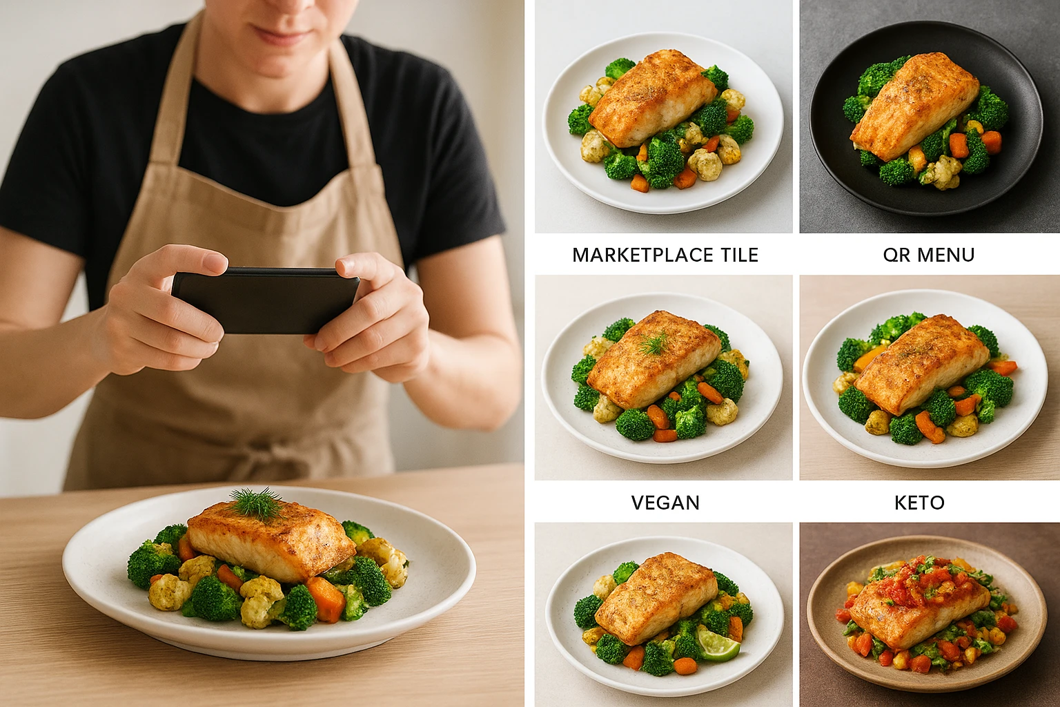Restaurant staff member taking a simple photo of a plated dish that is later shown as multiple AI-styled variants for different diets and channels.