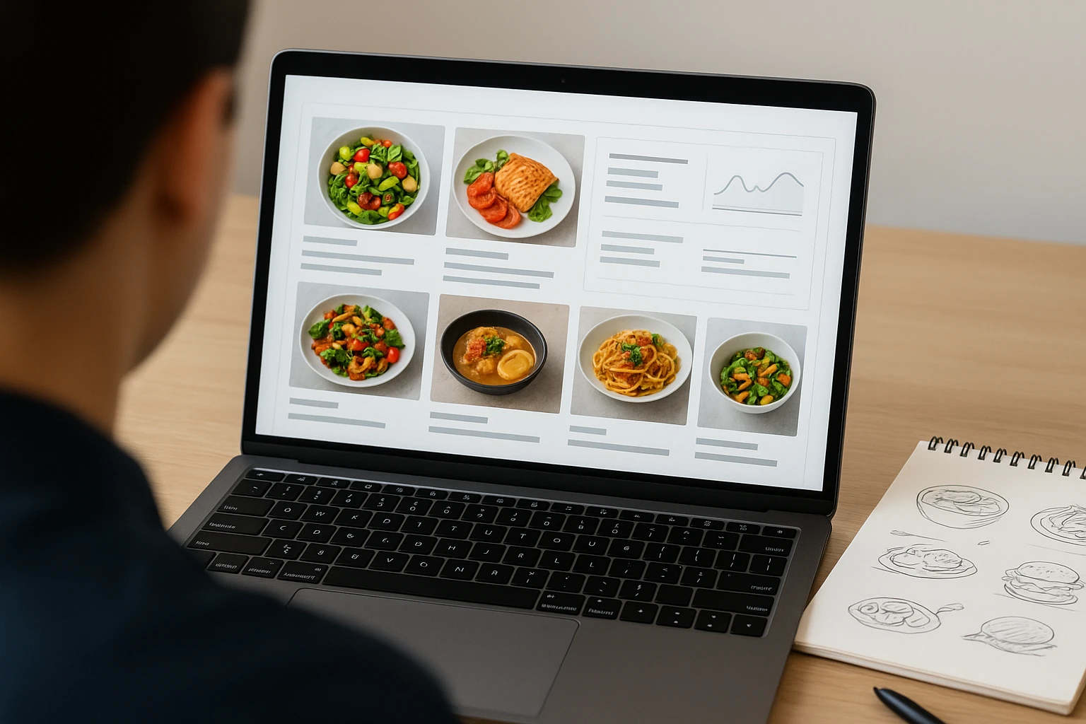 Dashboard-style view of food photos paired with simple performance metrics like clicks and ratings.