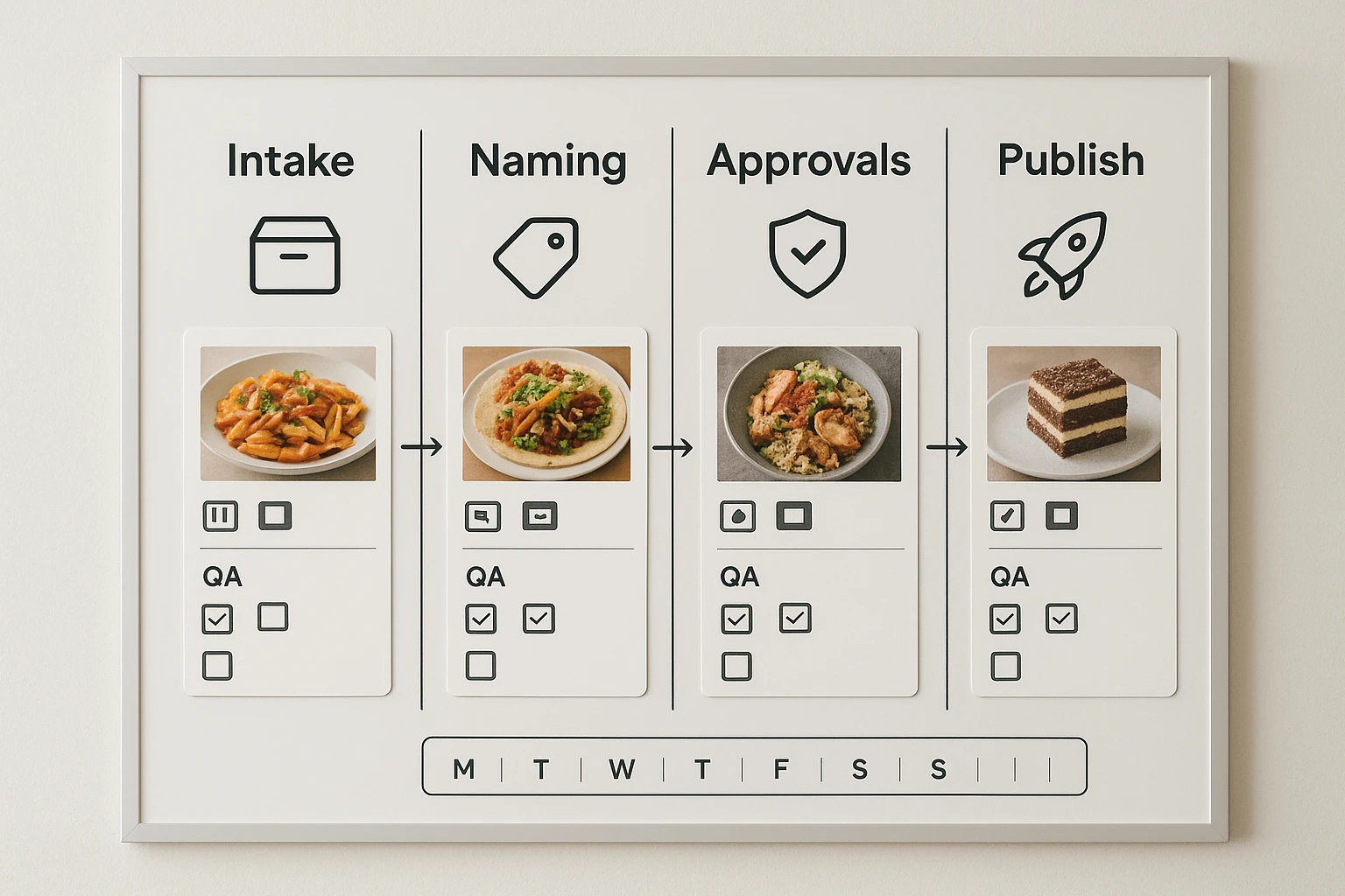Operations checklist board showing intake, naming, approvals, publishing steps for AI food imagery with sample dish shots