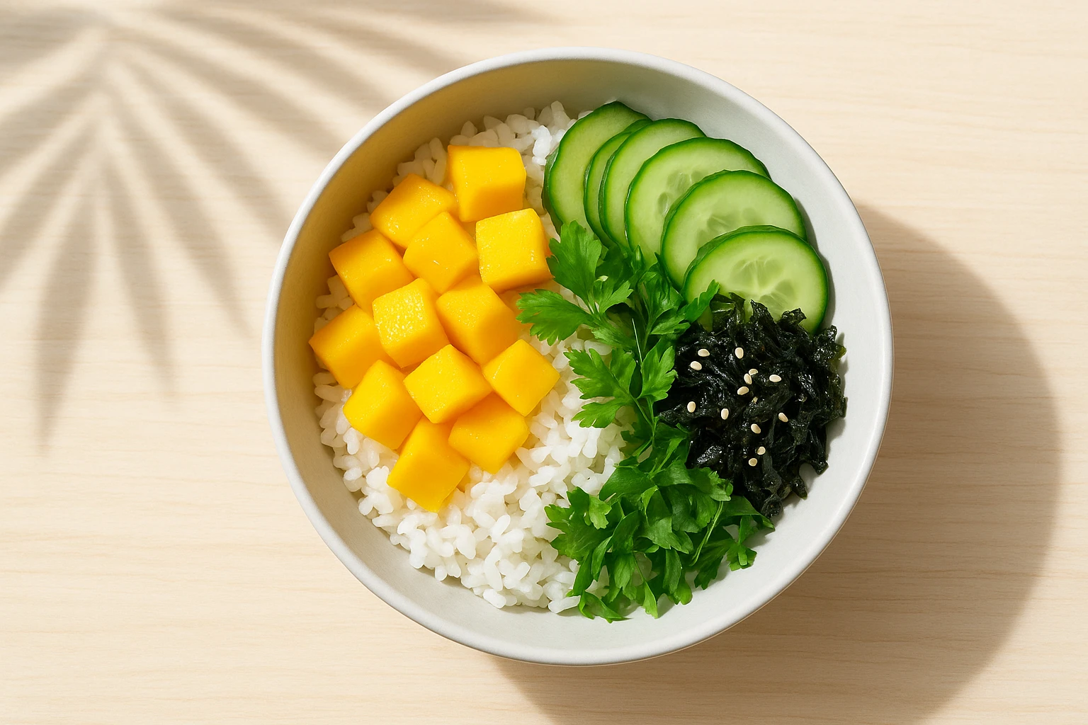 Seasonal mango poke bowl styled for a delivery menu with bright minimal summer look