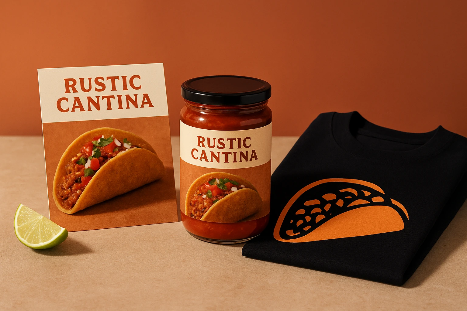 Packaging, shelf talker, and T-shirt mockups using the same AI-styled taco image