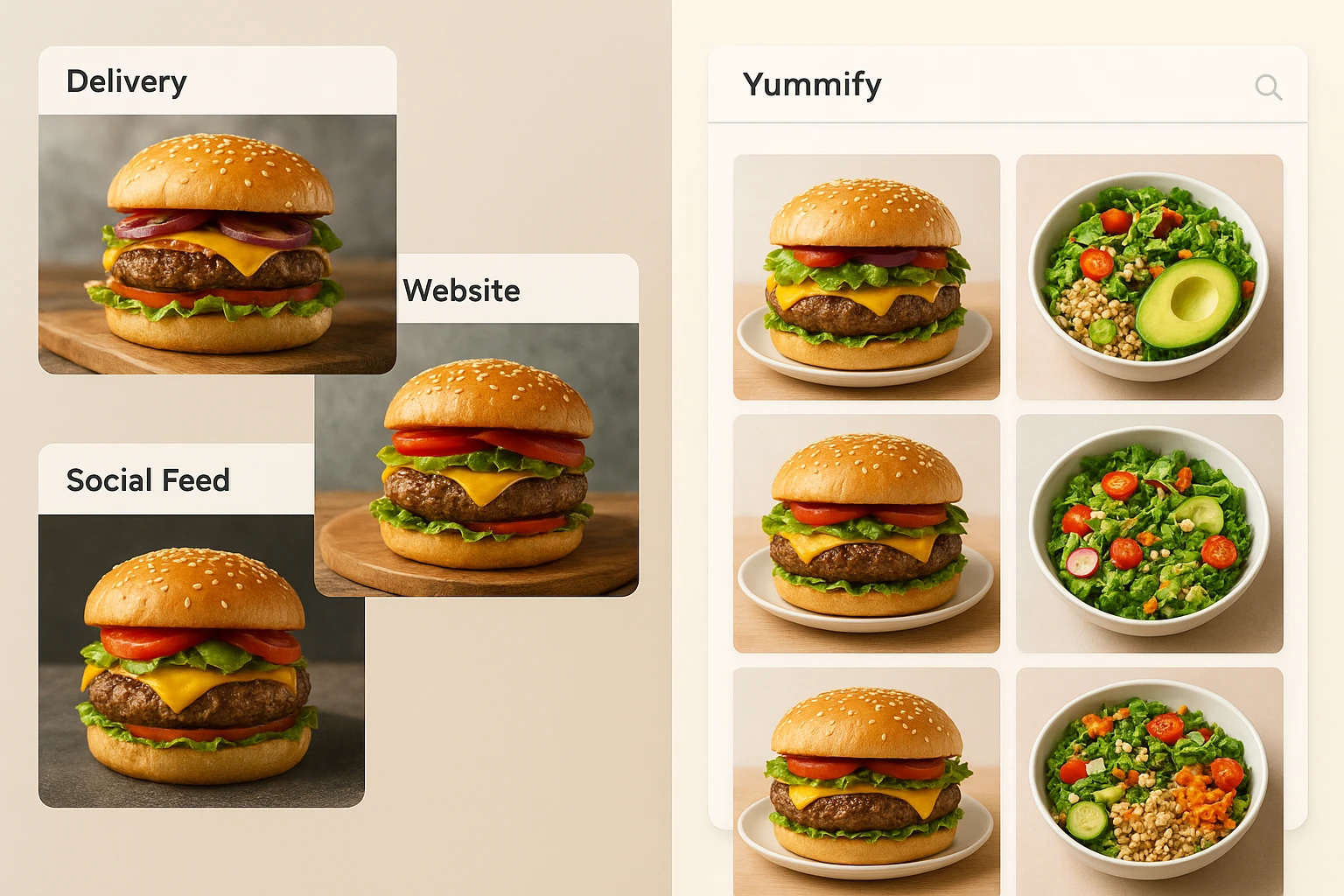 Side-by-side comparison of inconsistent versus unified AI-styled food imagery across delivery apps and a restaurant website.