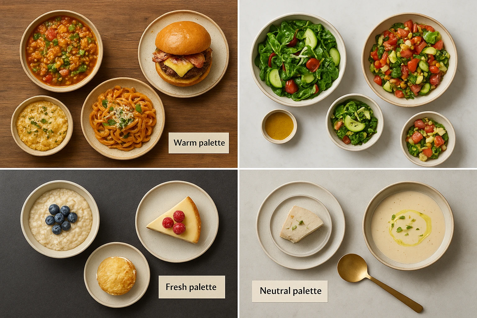 Flat-lay of different AI-styled food images organized by color palettes, props, and surfaces to show consistent visual branding.