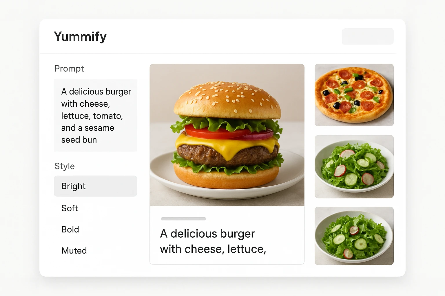 Yummify-style interface showing a core brand reference photo and several consistent AI-generated food images using that style.
