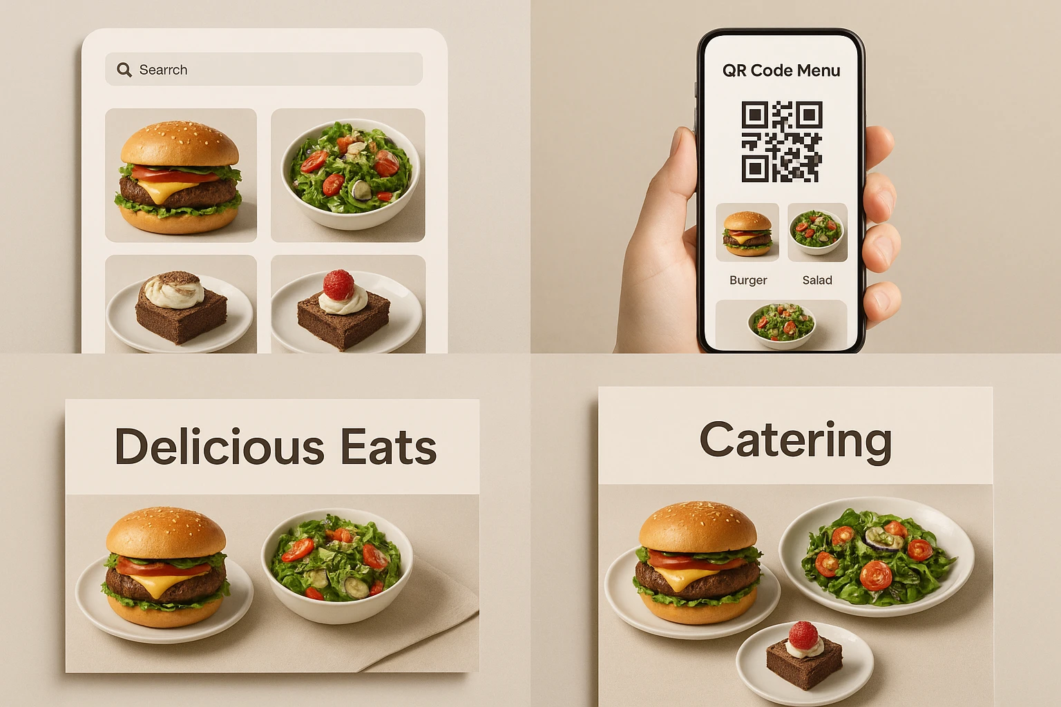Collage of a restaurant's consistent AI-styled food imagery across delivery app listings, QR menu, website, and catering brochure.