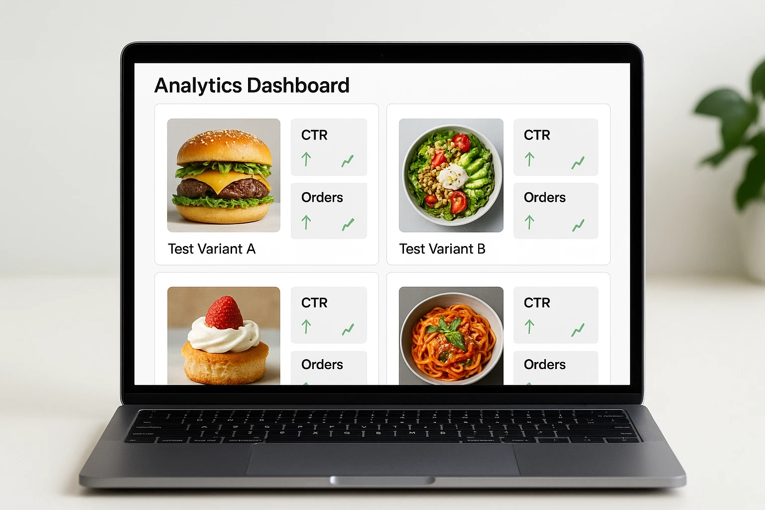 Dashboard-style view showing AI food photos alongside performance metrics like click-through rate and orders.