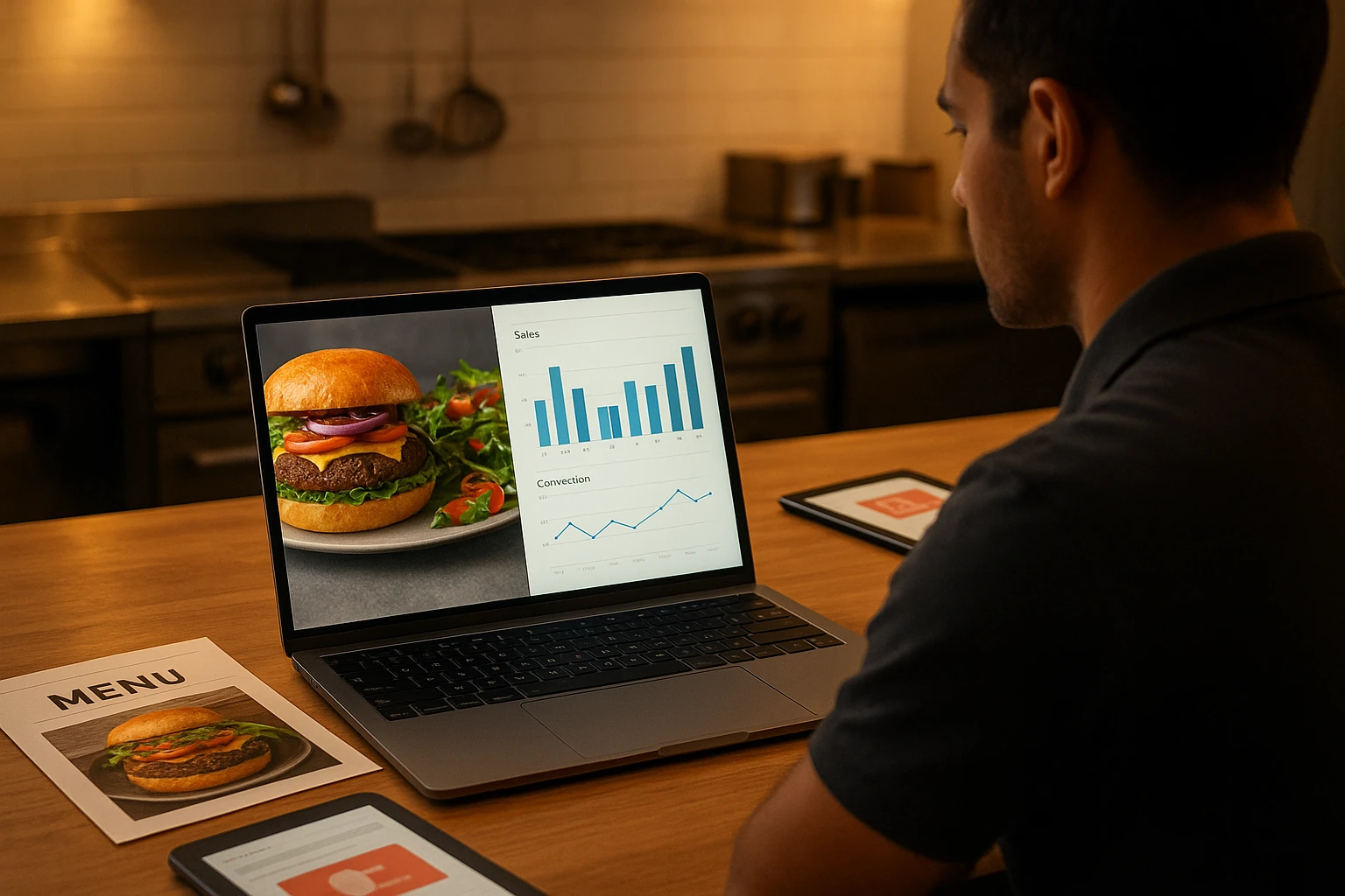 Restaurant operator reviewing a digital dashboard that links food photos to item sales and delivery app performance.