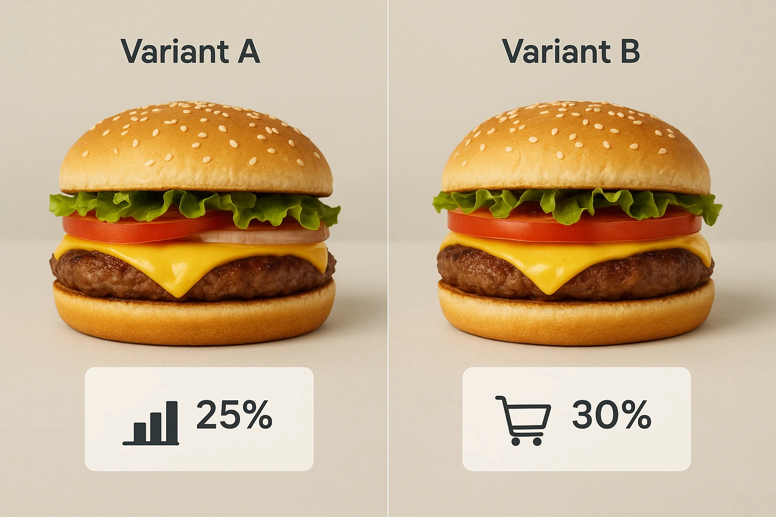 Side-by-side comparison of two burger photos with analytics overlays indicating which variant performs better.