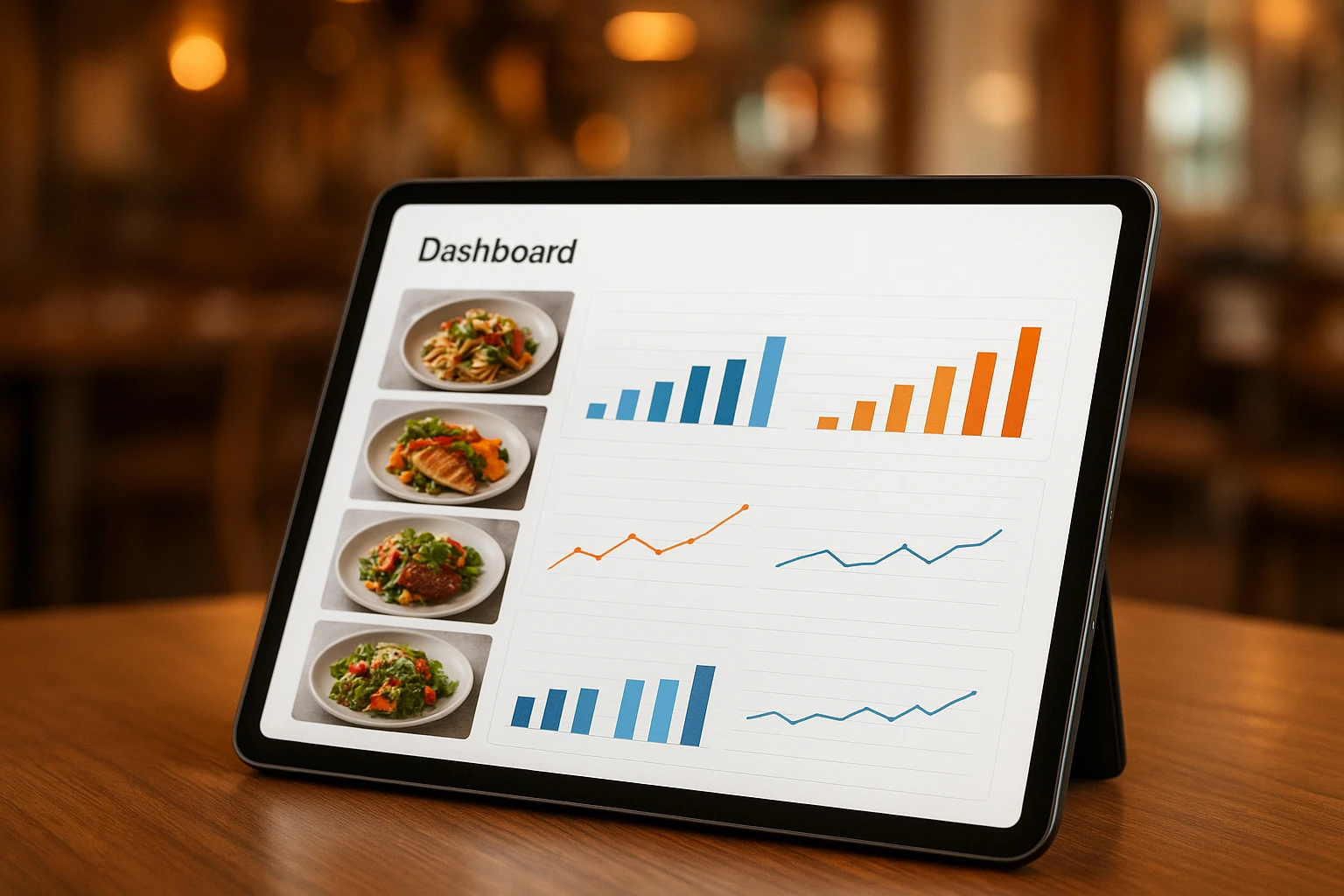 Restaurant analytics dashboard showing traffic and conversion metrics for different food photos, with one image clearly outperforming others.