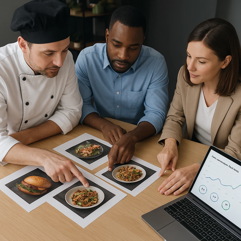 Ops and marketing team in a restaurant reviewing a printed photo playbook and a shared dashboard on a laptop.