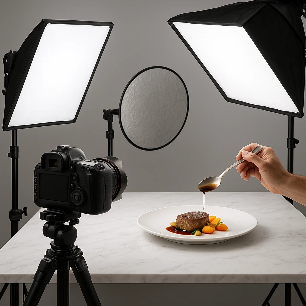 Professional food photography studio setup with lighting equipment and camera gear arranged around a beautifully plated dish on a table