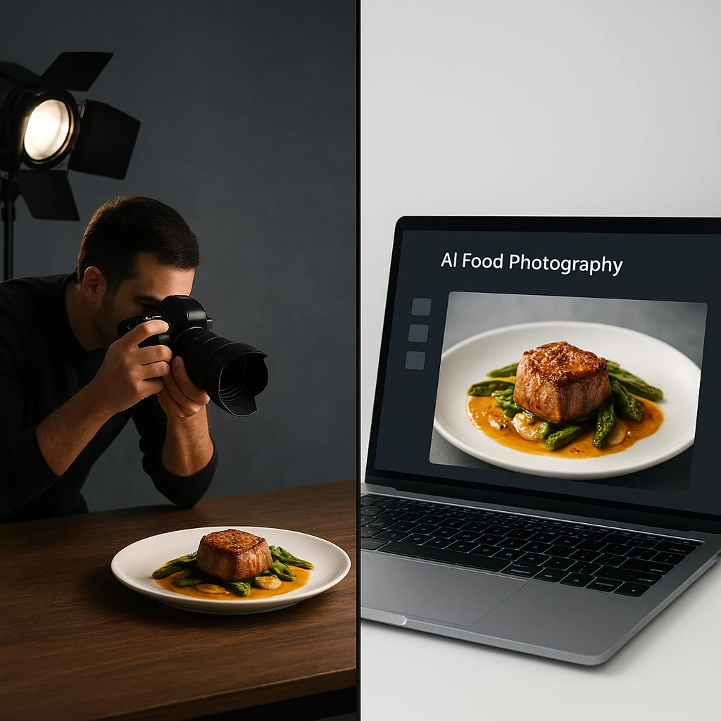 Side-by-side comparison showing traditional expensive food photography setup versus modern AI food photography generation on laptop screen