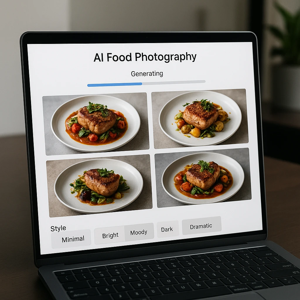 Split screen showing AI food photography interface on laptop generating multiple beautiful food image variations simultaneously