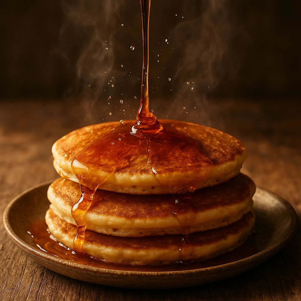 Dynamic action shot of maple syrup pouring over stack of fluffy pancakes with steam rising, captured mid-pour with frozen droplets