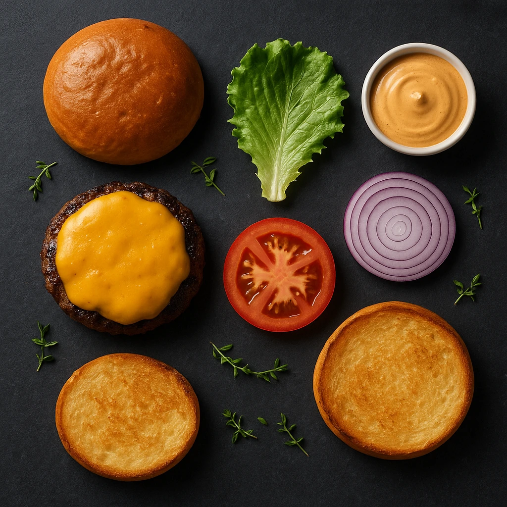 Deconstructed gourmet burger with all ingredients artfully separated and arranged: bottom bun, beef patty with cheese, lettuce, tomato, onion, special sauce, top bun, styled on dark slate surface.