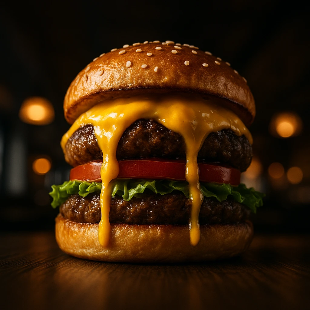 Low-angle hero shot of gourmet burger looking up at it, dramatic lighting emphasizing height and layers, restaurant table blurred background