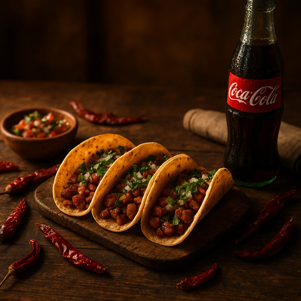 Storytelling food photography scene: rustic wooden table with handmade tacos, dried chilies, cloth napkin, ceramic salsa bowl, warm evening lighting suggesting authentic Mexican cantina setting