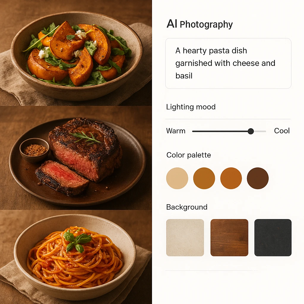 Split-screen comparison: left side shows AI-generated professional food photos in consistent branded style, right side shows interface of AI food photography tool with prompt and styling controls