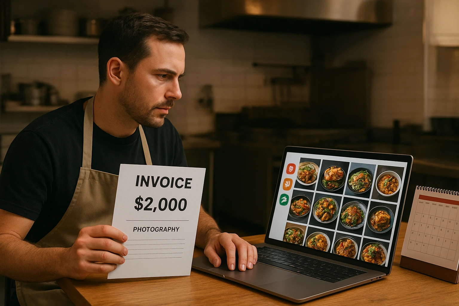 Restaurant operator looking at expensive traditional food photoshoot setup contrasted with nimble AI-powered workflow on a laptop.