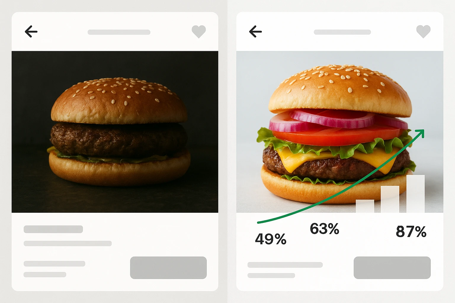 Close-up of appetizing but realistic restaurant dishes photographed for online menus, emphasizing clarity and honesty.