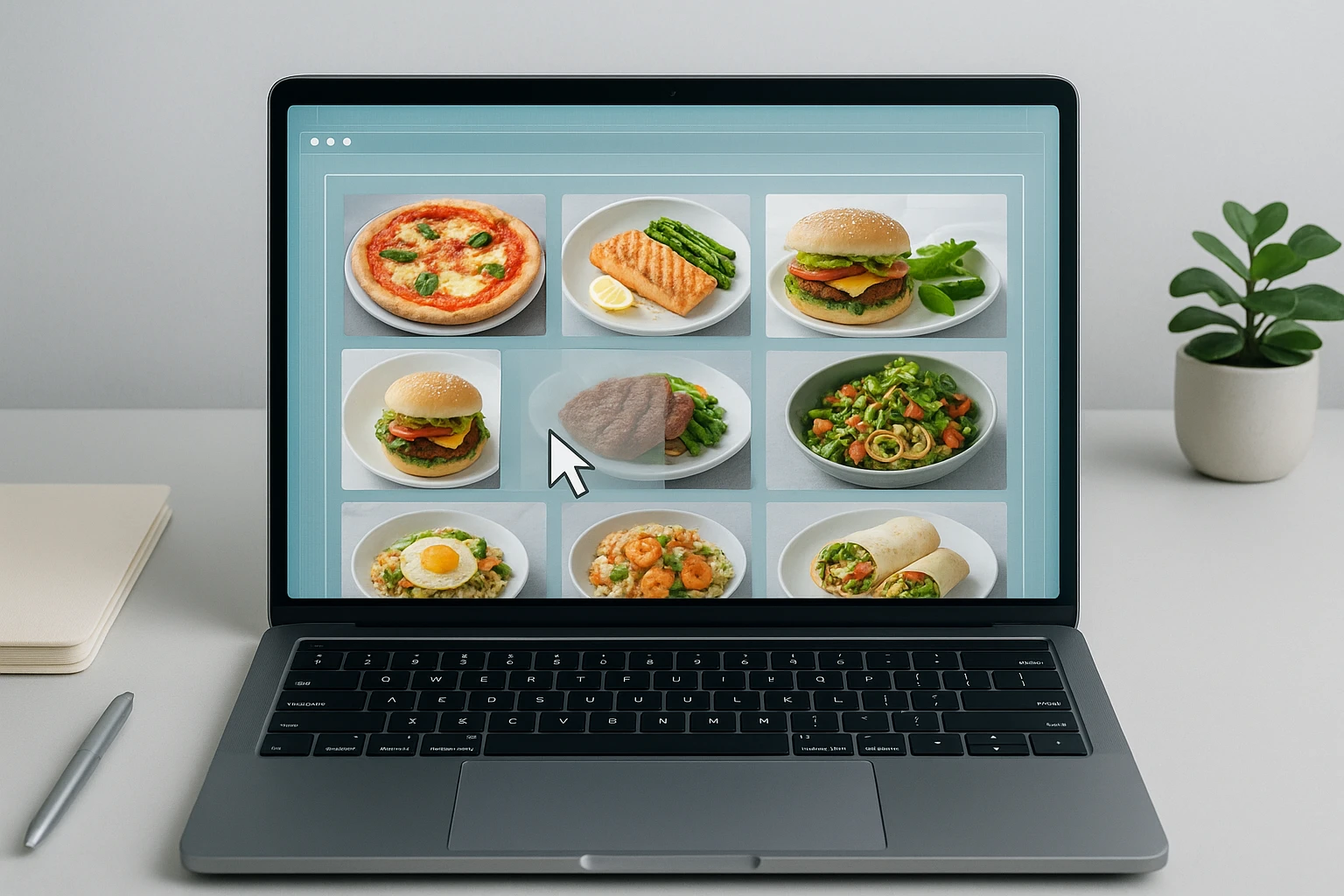 Step-by-step workflow diagram from phone photo capture in a kitchen to AI-enhanced images published across delivery apps and QR menus.