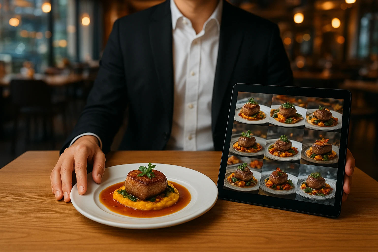 Professional food photographer collaborating with a restaurant operator who also uses a laptop showing AI-augmented food images.