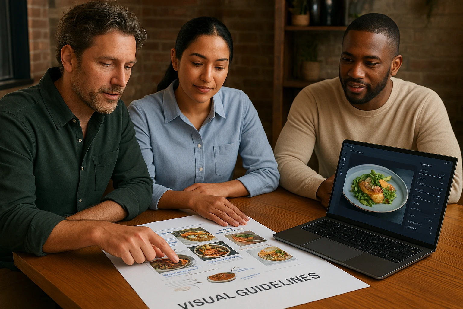 Dashboard on a laptop showing food photo variants alongside sales and conversion metrics for a restaurant menu.