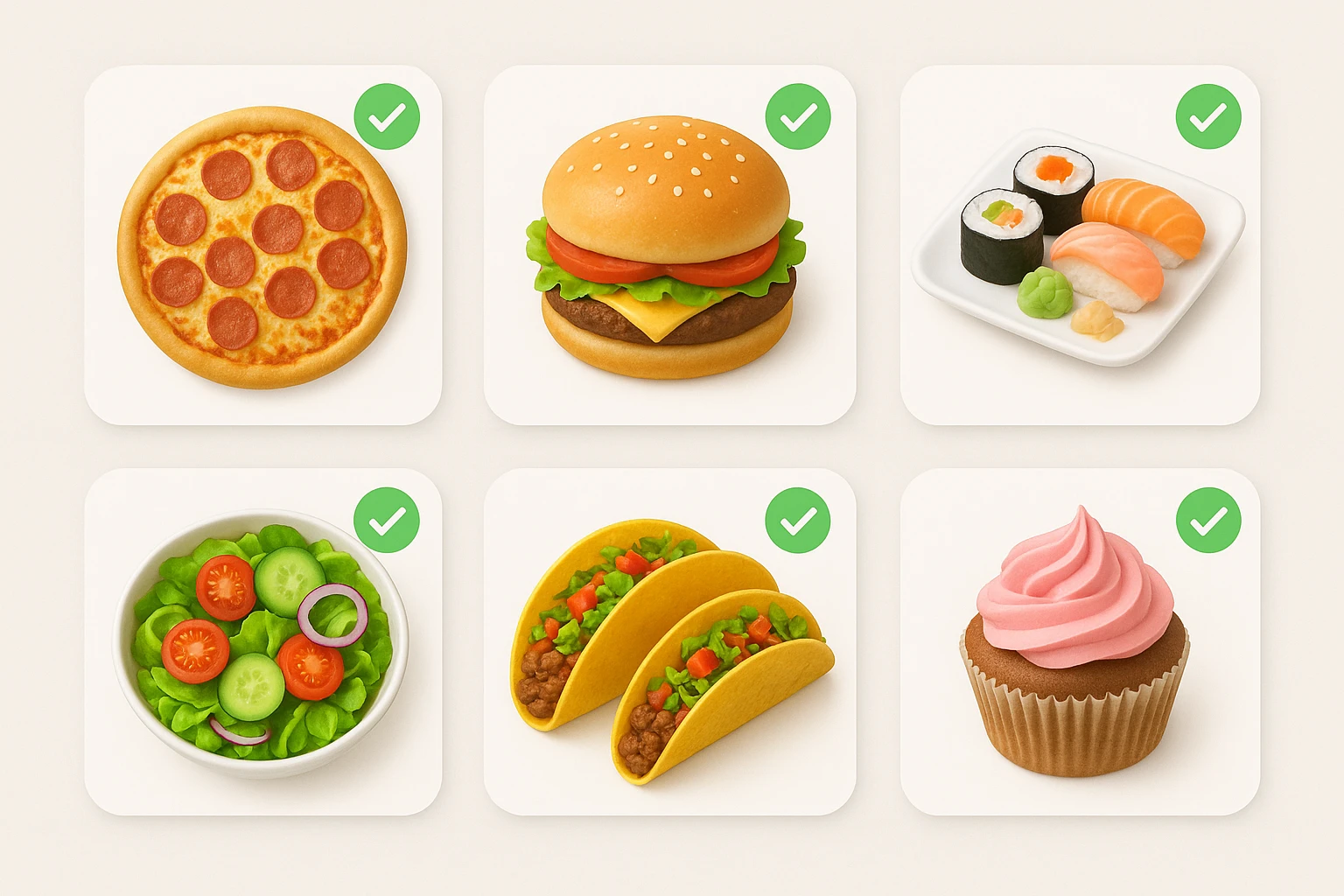 Flat lay of compliant delivery-app food images showing clean square crops and neutral backgrounds