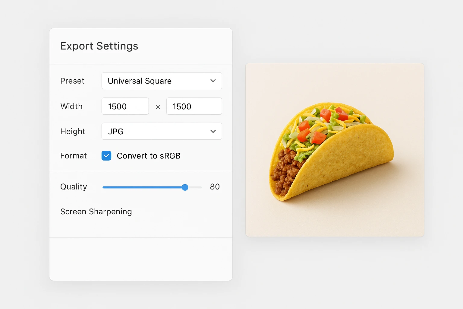 Export settings panel concept for universal square preset applied to a taco photo