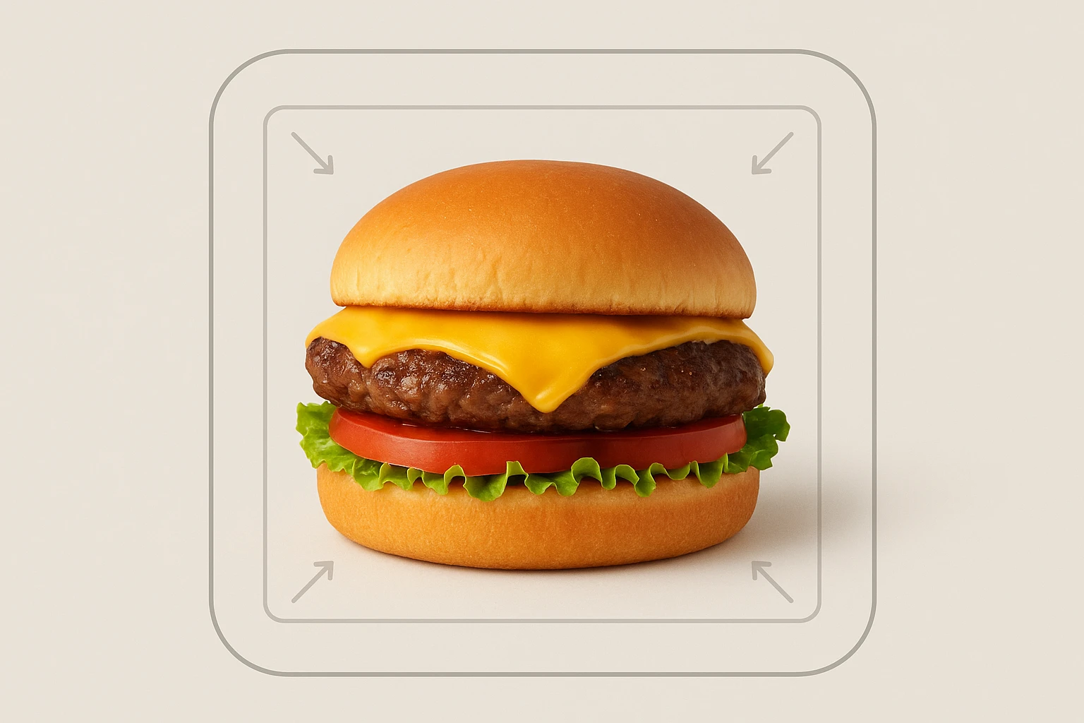 Portrait crop guide with safe-zone overlay concept shown via spacing around a plated burger