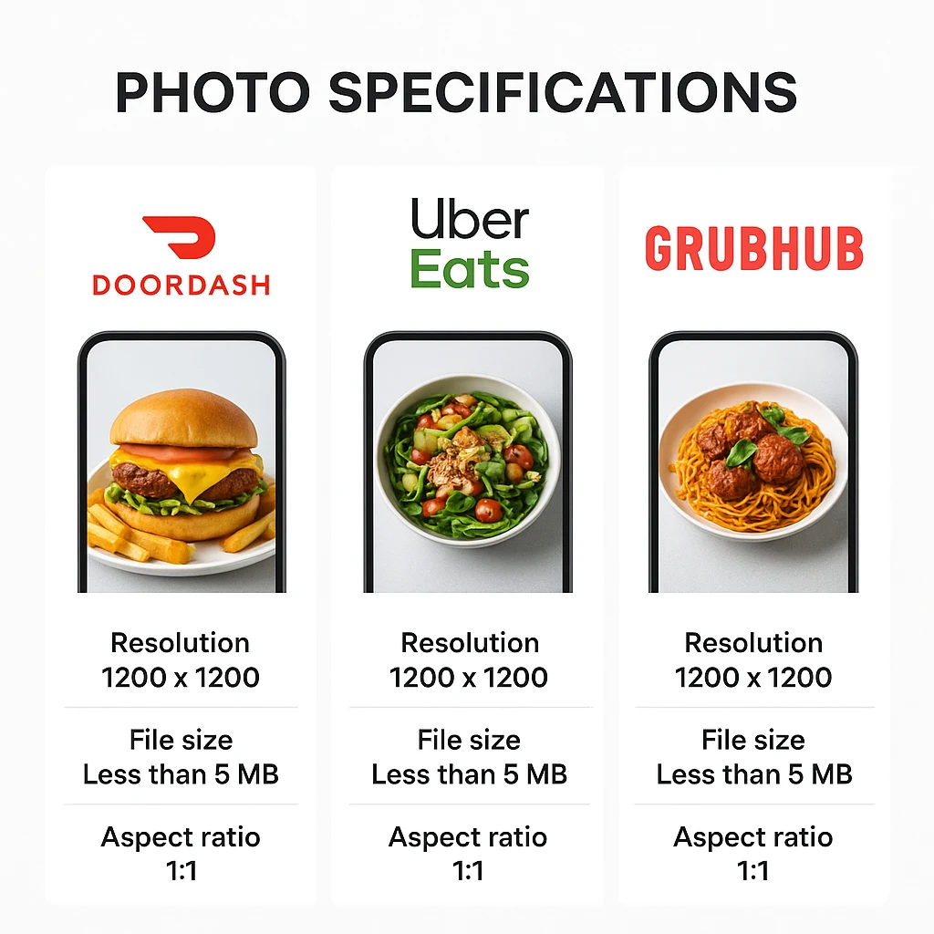 Platform specs chart showing DoorDash, Uber Eats, and Grubhub needs