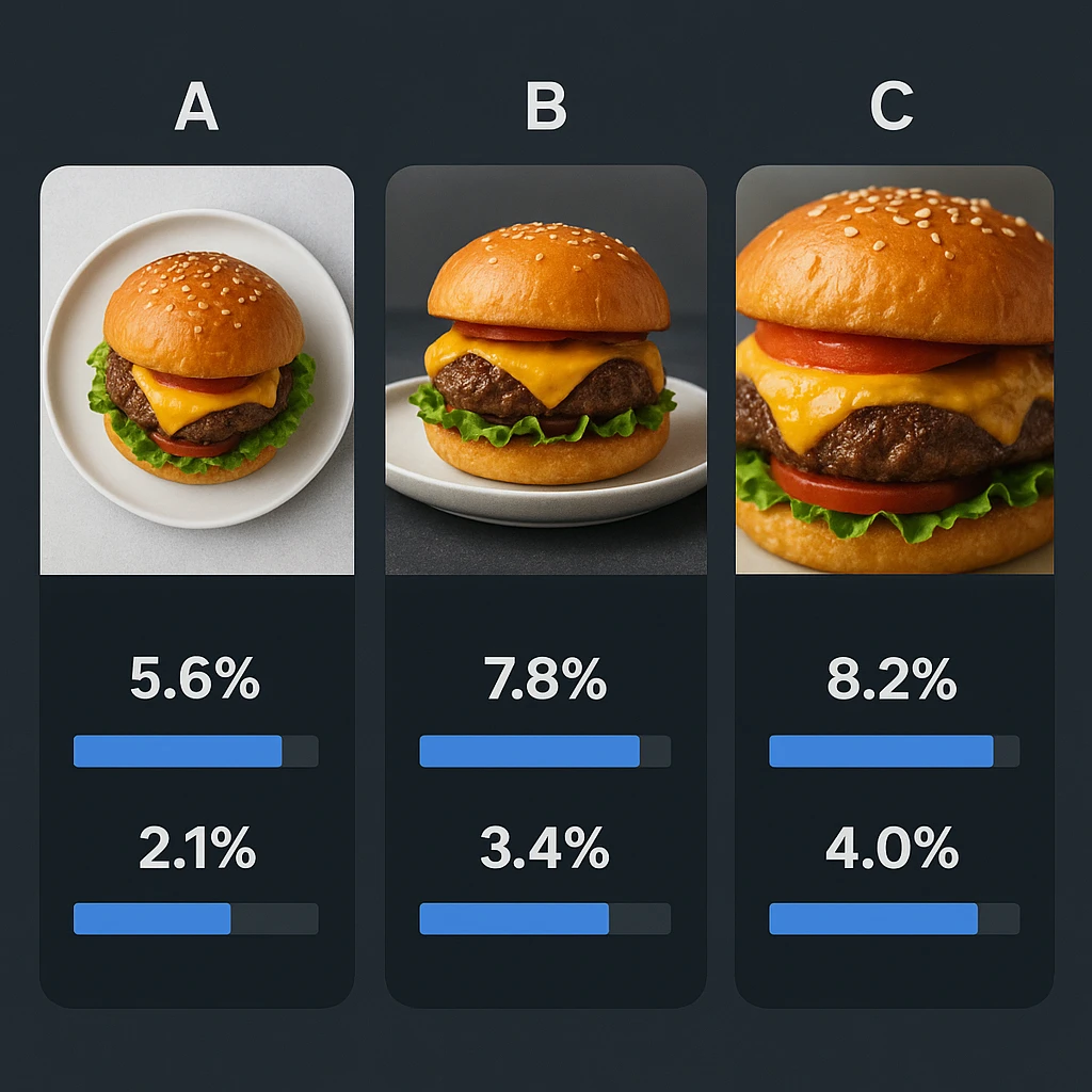 A/B testing example showing three different photo styles for the same burger dish with sales metrics