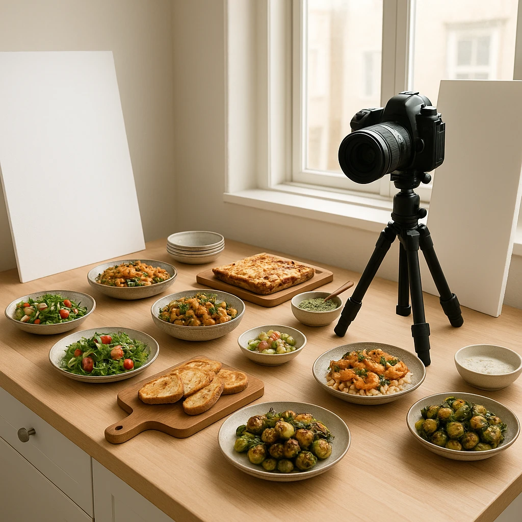Food blogger shooting multiple dishes arranged on wooden boards near window with natural light, camera on tripod, reflectors and props organized on countertop